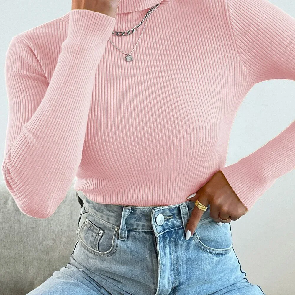 Baby Pink Casual Women's Turtleneck Ribbed Knit Sweater Without Necklace